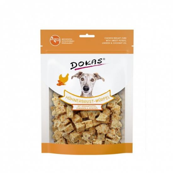 Dokas Dog Snack Hühnerbrust-Würfel mit Süsskartoffel, Leinsamen 150g
